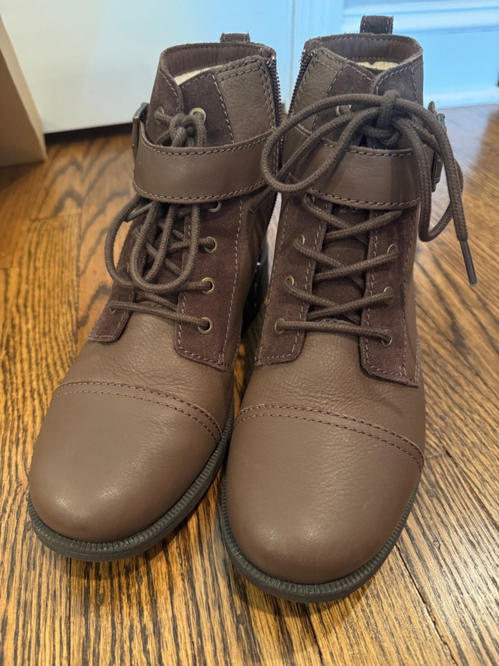IN BOX—UGG “Jaidyn” Chocolate Brown Leather Lace-Up Zip Ankle Boots with Buckle - Picture 3 of 10